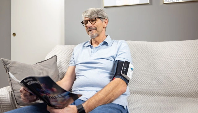 Side view of 24-hour blood pressure monitor used by cardiologist Dr Francesco Lo Monaco for continuous heart and blood pressure assessment